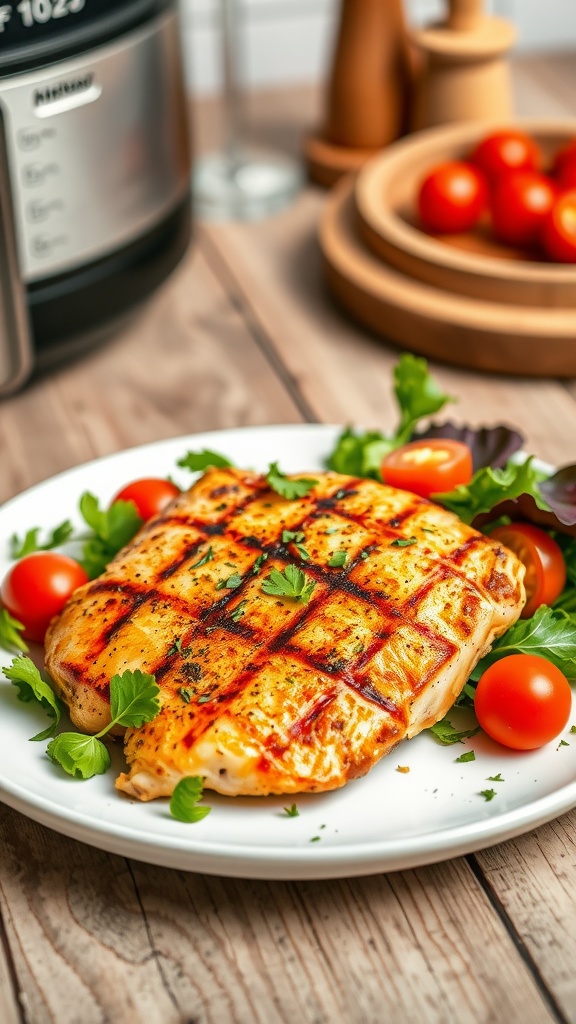 A golden brown grilled chicken breast served with a fresh salad on a white plate.